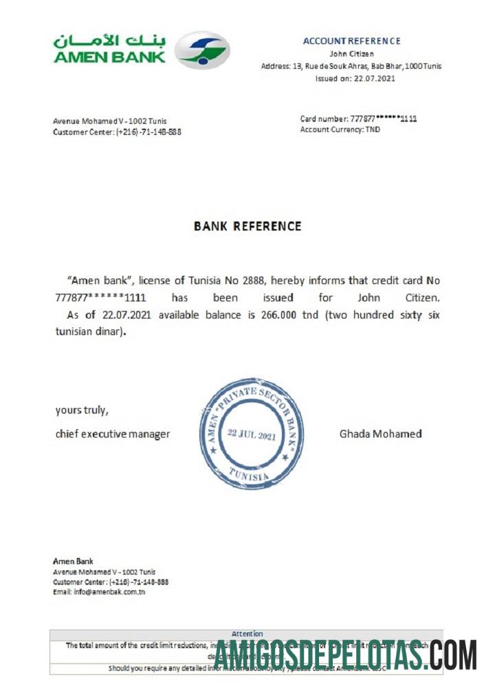 Referência do Banco Amen da Tunísia amostra